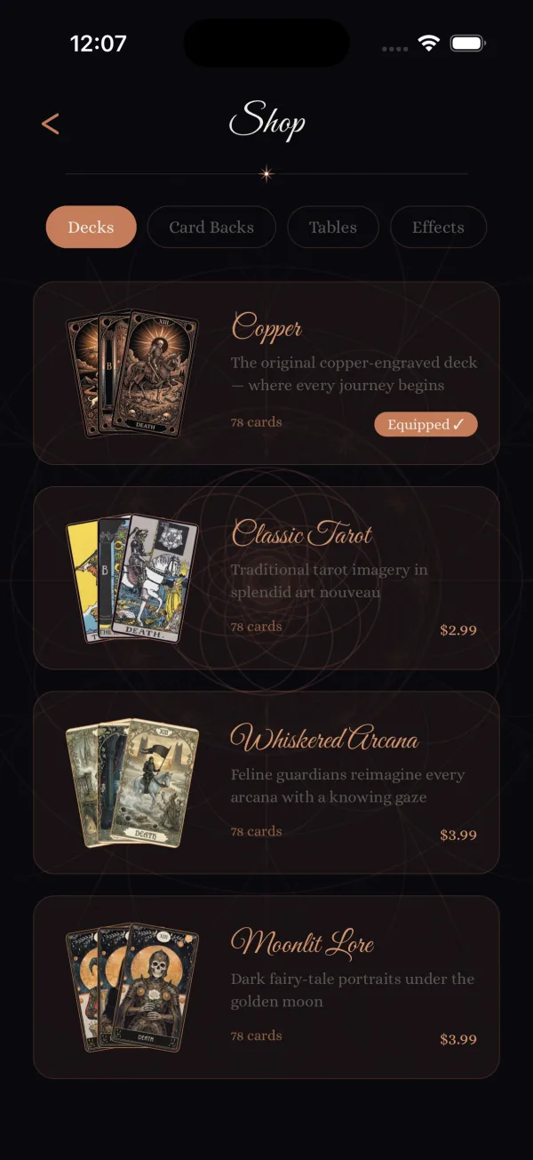 Deck shop with cosmetic customization